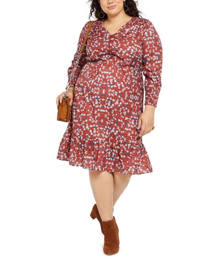 Front of a model wearing a size 2X NY Collection Women's Plus Printed Smocked Sleeve MIDI Dress Red Size 2X in Red by NY Collection. | dia_product_style_image_id:313447